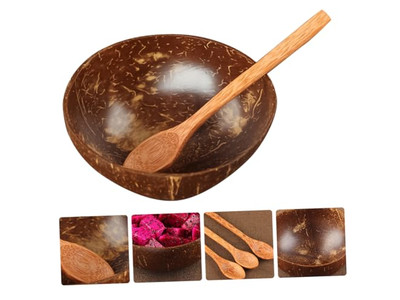 नारियल का कटोरा पाम डिज़ाइन के साथ खोलों का सेट लकड़ी की बुनाई सलाद हाथ से तराशा